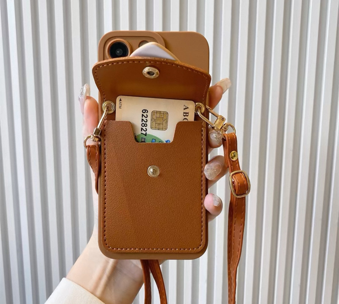 ミルクティー色のカード入れ付き保護カバー付きスマホケース ( Milk tea - colored phone case with card - holder protective cover)(SJK056)