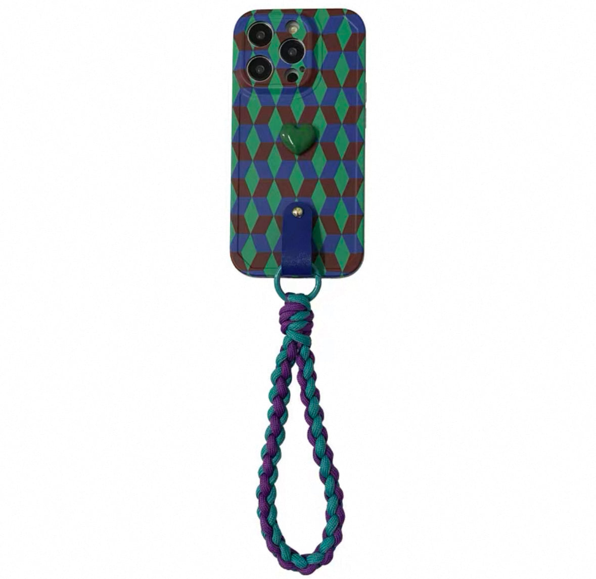 孔雀青のハート菱模様のスマホケース (Peacock blue phone case with heart - shaped diamond patterns)(SJK024)