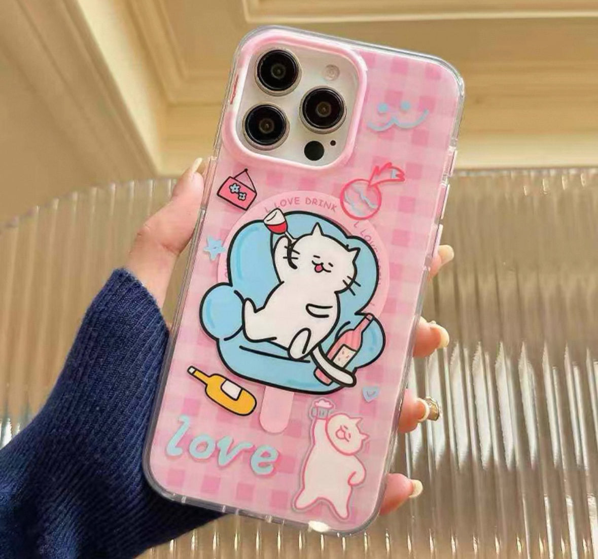 オリジナルの酔ったネコのデザインで、磁石付きのフルカバーカートゥーンスマホケース (Original drunk - cat - themed full - coverage cartoon phone case with magnetic function)(SJK095)