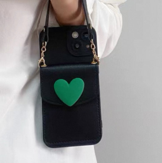 緑色のハートデザインで、カード入れポケット付きのスマホケース ( Green heart - designed phone case with a card - slot pocket)(SJK054)