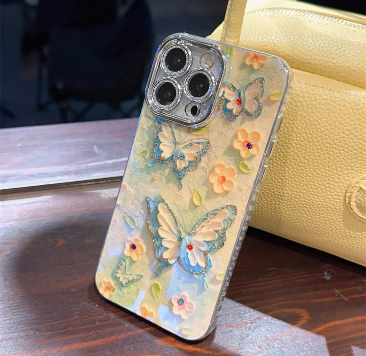 ブルーライトの油絵柄バタフライスマホケース ()Blue - light oil - painting butterfly phone case)(SJK028))