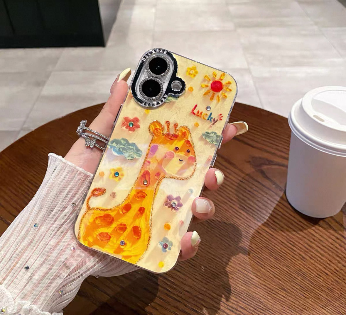 面白い油絵風のカートゥーンキリンの高級スマホ防ぶつけケース(Fun and cute phone case)(SJK001))