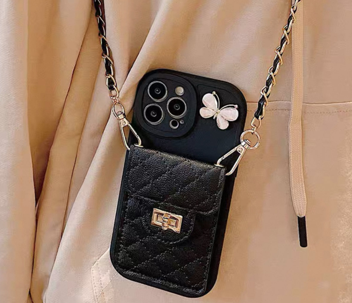 シャネル風の蝶デザインの小銭・カード入れ付きスマホケース(Chanel - style butterfly - designed coin and card wallet phone case)(SJK043))