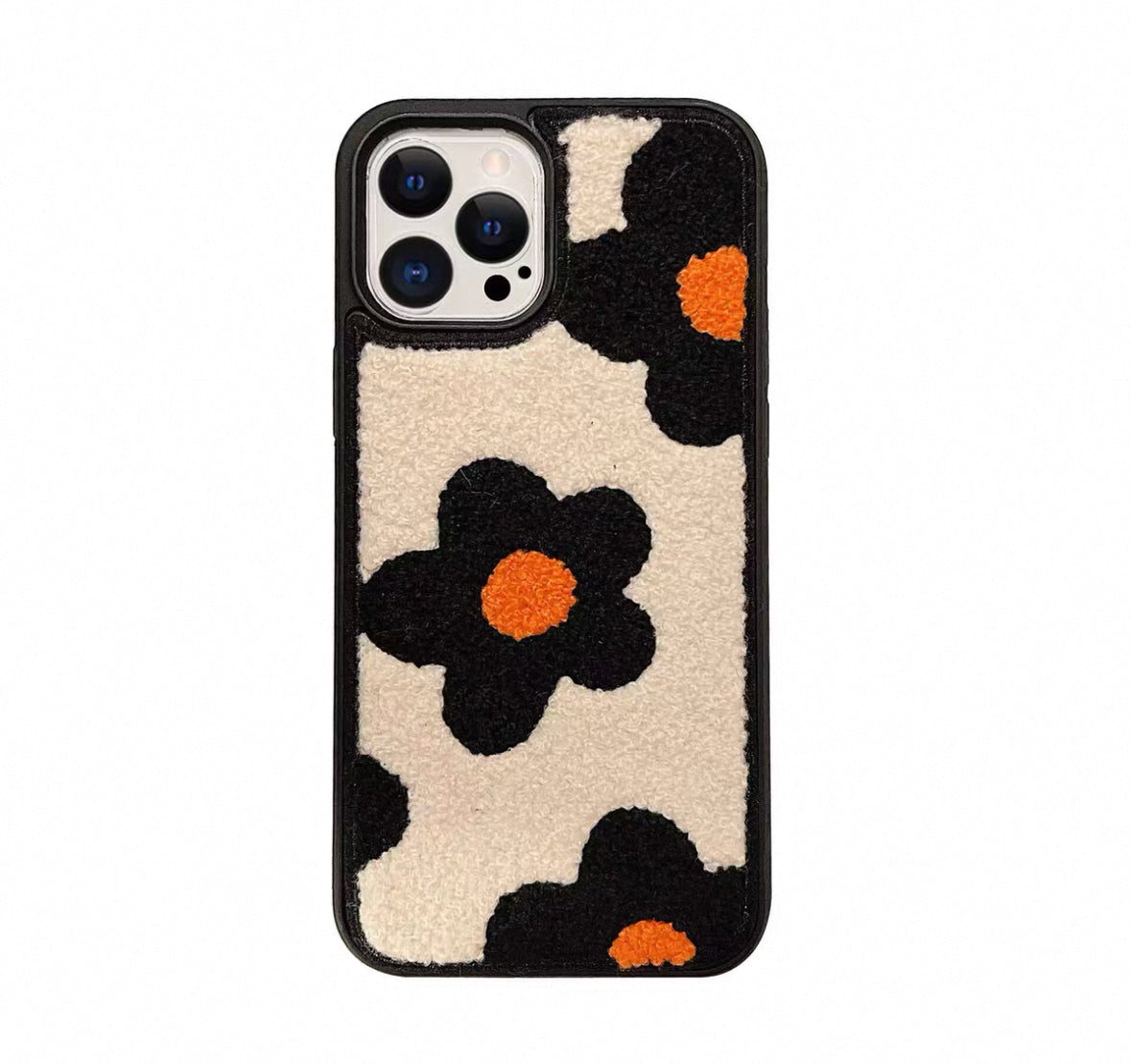 秋冬向けの刺繍とふわふわ花柄のスマホケース (Autumn - winter themed phone case with embroidered fluffy flower designs)(SJK048)