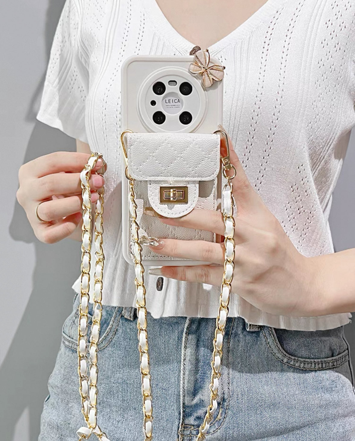 シャネル風の立体バタフライデザインで、カード入れ付きのスマホケース ( Chanel - style phone case with 3D butterfly design and card - holder)(SJK057)