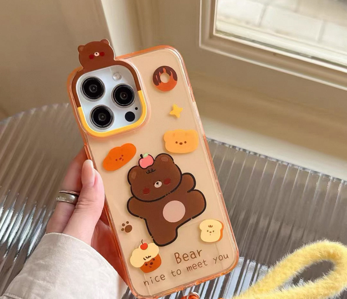 面白いデザインのスイーツと小熊が描かれた、透明なオレンジ色のスマホケース ( Translucent orange phone case featuring an amusing design of desserts and little bears)(SJK094)