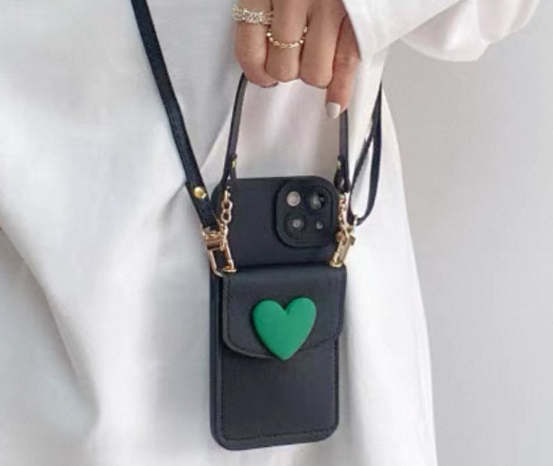 緑色のハートデザインで、カード入れポケット付きのスマホケース ( Green heart - designed phone case with a card - slot pocket)(SJK054)