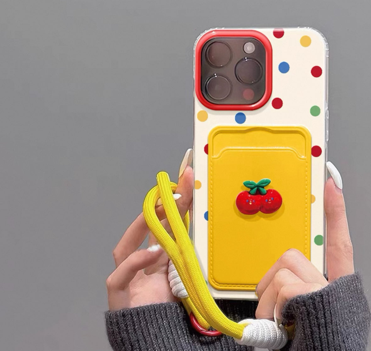 ニッチなカードホルダー付きカラフルなポッカドット・チェリースマホケース(Niche Card Holder Colored Polka Dot Cherry Phone Case)(SJK019)