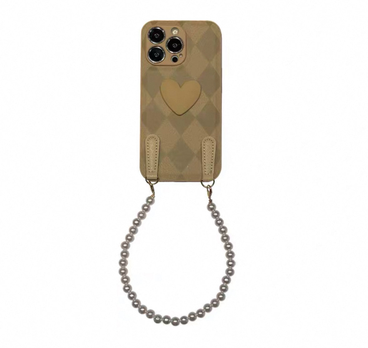 ダイヤモンドパターンとハート柄が施されたブラウン色のスマホケース ( Brown phone case with diamond - shaped grids and heart patterns)(SJK047))