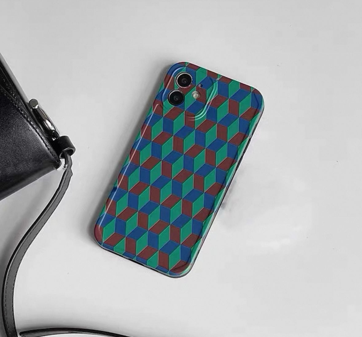 孔雀青のハート菱模様のスマホケース (Peacock blue phone case with heart - shaped diamond patterns)(SJK024)