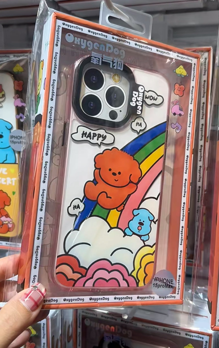 嬉しそうな子犬が虹色のすべり台で遊んでいるデザインのスマホケース (Phone case featuring happy puppies playing on a rainbow slide)(SJK093)