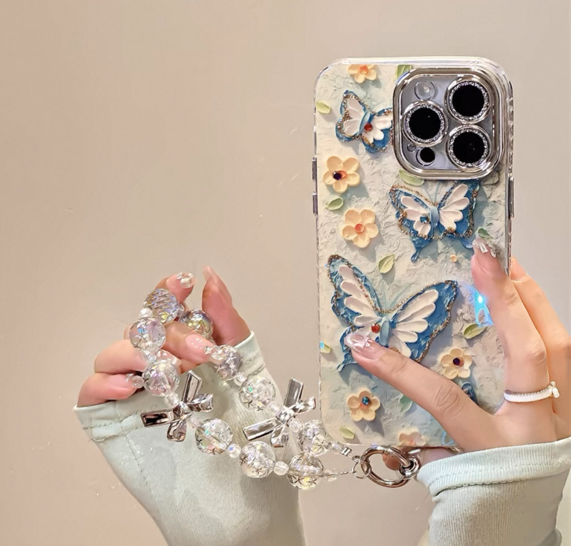 ブルーライトの油絵柄バタフライスマホケース ()Blue - light oil - painting butterfly phone case)(SJK028))
