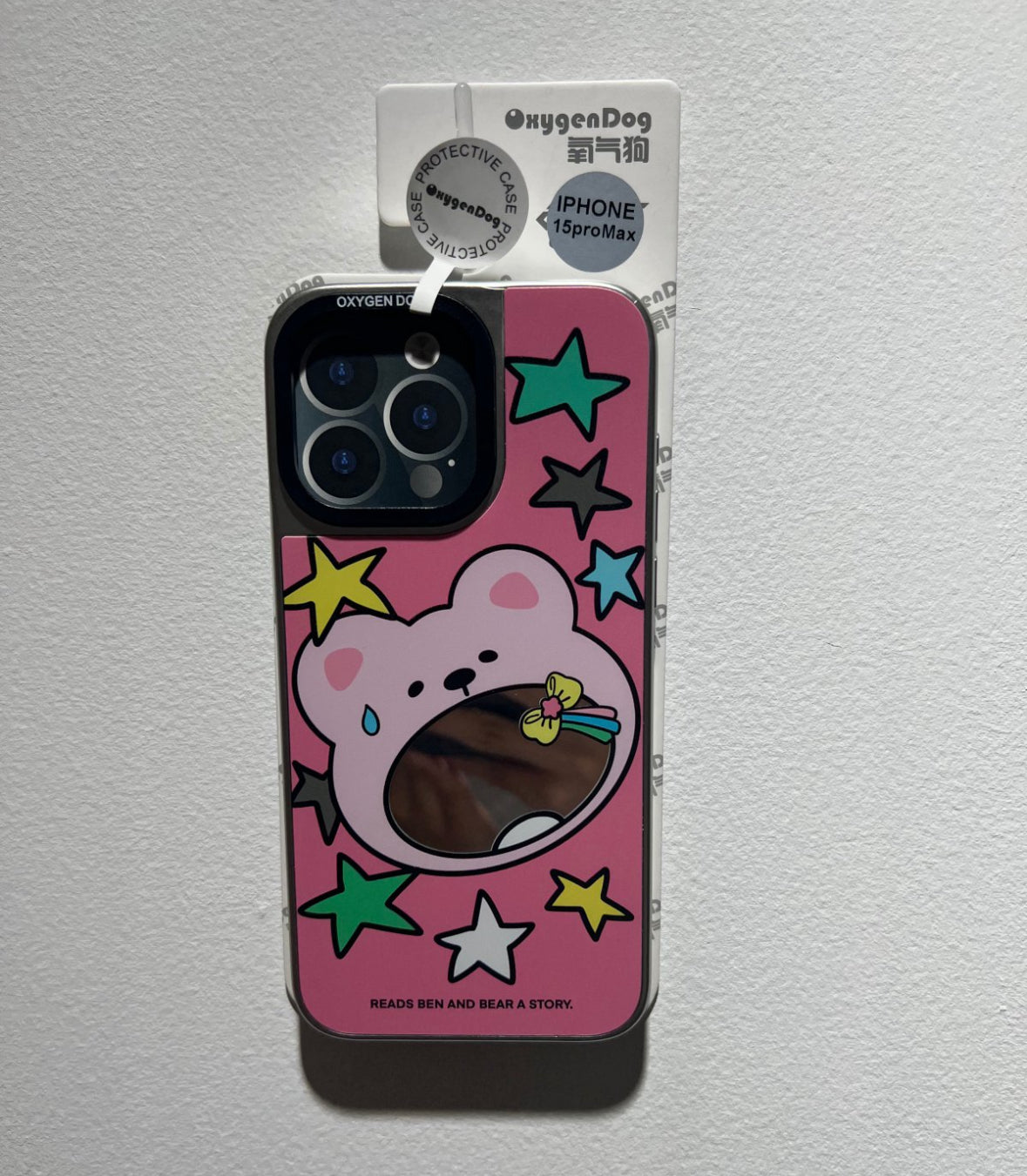 ファンデーション色の星と小熊がデザインされ、鏡面仕上げのスマホケース (Phone case in foundation color, designed with stars and little bears, featuring a mirror - finished surface)(SJK088)