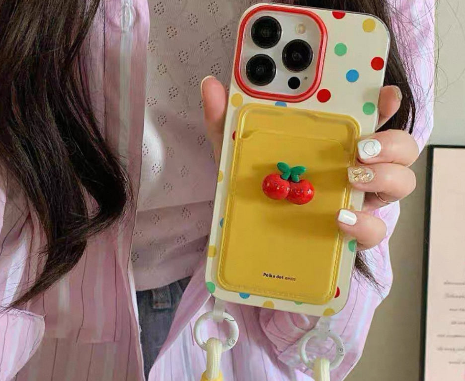 ニッチなカードホルダー付きカラフルなポッカドット・チェリースマホケース(Niche Card Holder Colored Polka Dot Cherry Phone Case)(SJK019)