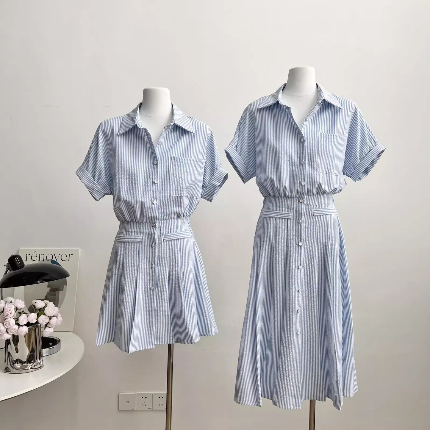 ストライプのブラウスワンピースですA striped blouse dress.