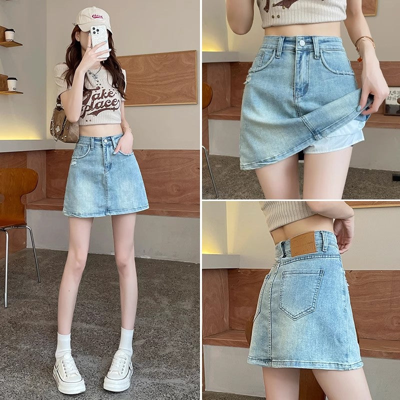 ハイウエストの擦り切れたデニムのハーフスカートWear out the denim skirt