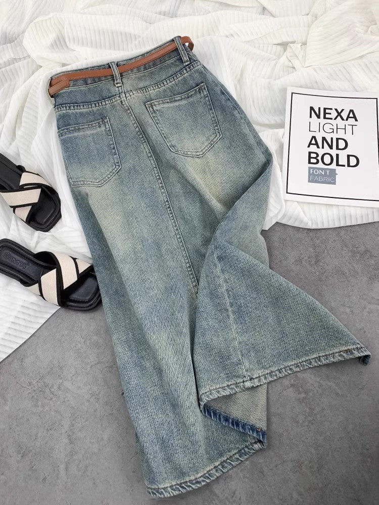ハイウエストでほっそり見えるゆったりデニムスカートHigh-waisted Slimming Loose Denim Skirt