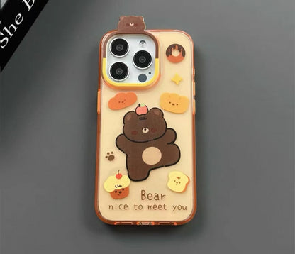 面白いデザインのスイーツと小熊が描かれた、透明なオレンジ色のスマホケース ( Translucent orange phone case featuring an amusing design of desserts and little bears)(SJK094)