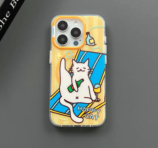幸せそうな猫が休暇を楽しむ、可愛いスタイルのスマホケース （Cute - style phone case featuring happy cats on vacation）（SJK085）