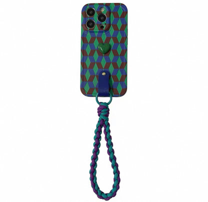 孔雀青のハート菱模様のスマホケース (Peacock blue phone case with heart - shaped diamond patterns)(SJK024)