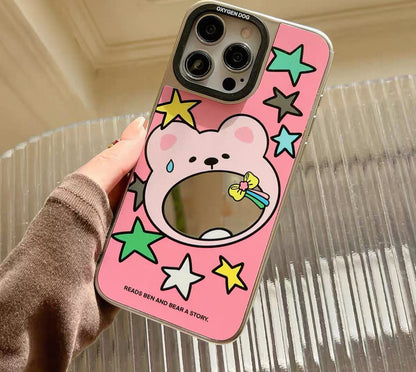 ファンデーション色の星と小熊がデザインされ、鏡面仕上げのスマホケース （Phone case in foundation color, designed with stars and little bears, featuring a mirror - finished surface）（SJK088）
