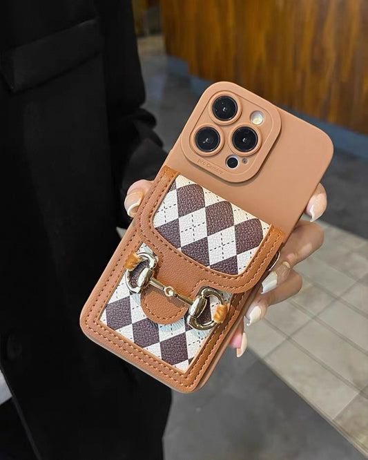 レトロ風の菱形格子（ひしがたごうし）の財布（さいふ）型（がた）スマホケース (Retro-style rhombus lattice wallet-shaped phone case)(SJK035)