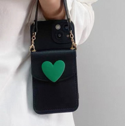 緑色のハートデザインで、カード入れポケット付きのスマホケース ( Green heart - designed phone case with a card - slot pocket)(SJK054)