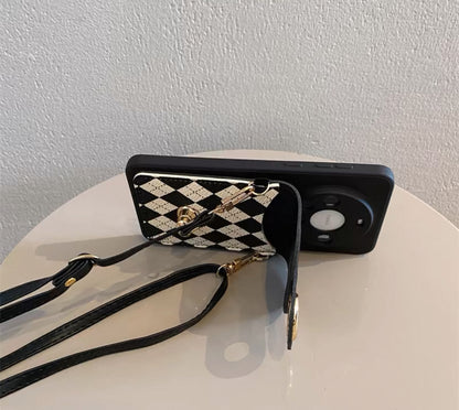 学院風の菱型格子柄の財布付きスマホケース ( College-style checkered wallet phone case)(SJK036)