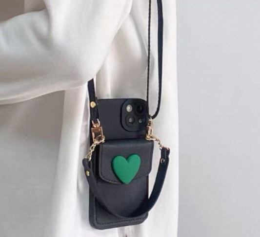 緑色のハートデザインで、カード入れポケット付きのスマホケース ( Green heart - designed phone case with a card - slot pocket)(SJK054)