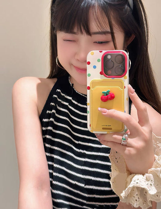 ニッチなカードホルダー付きカラフルなポッカドット・チェリースマホケース(Niche Card Holder Colored Polka Dot Cherry Phone Case)(SJK019)