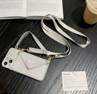 シルバー レーザー ハート形のウリスバンド付きスマホケース（Silver laser heart-shaped wristband phone case）（SJK052）