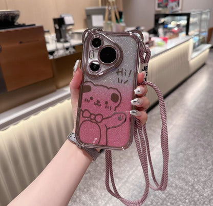 ピンクの熊柄で、キラキラダイヤモンドダストが施されたスマホケース（Pink teddy - bear - themed phone case with glitter）（SJK031））