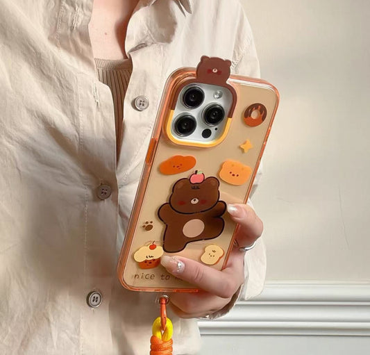 面白いデザインのスイーツと小熊が描かれた、透明なオレンジ色のスマホケース ( Translucent orange phone case featuring an amusing design of desserts and little bears)(SJK094)