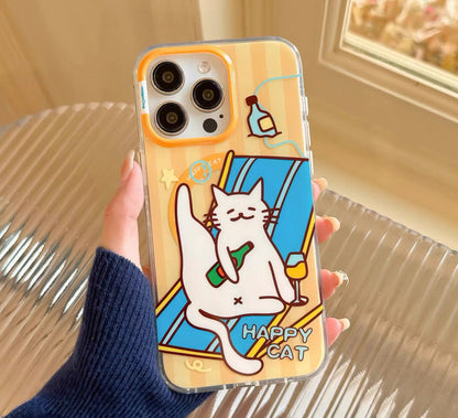 幸せそうな猫が休暇を楽しむ、可愛いスタイルのスマホケース （Cute - style phone case featuring happy cats on vacation）（SJK085）