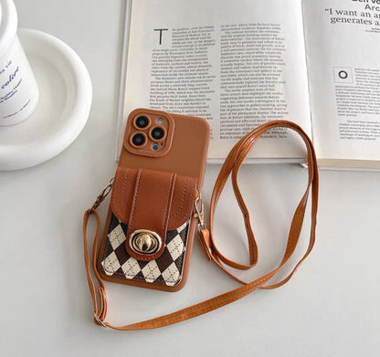 レトロ風の菱形格子（ひしがたごうし）の財布（さいふ）型（がた）スマホケース (Retro-style rhombus lattice wallet-shaped phone case)(SJK035)