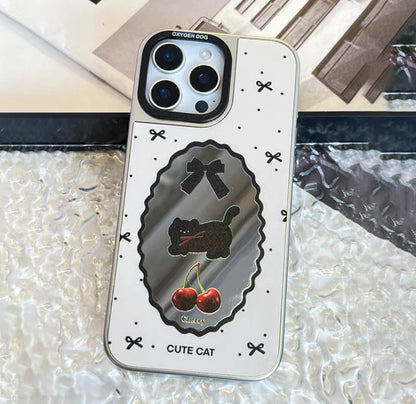 車厘子（チェリー）と猫のデザインが施され、鏡面仕上げのマイノリティなスマホケース （Cherry and cat - themed mirror - finished phone case, a niche choice）（SJK091）