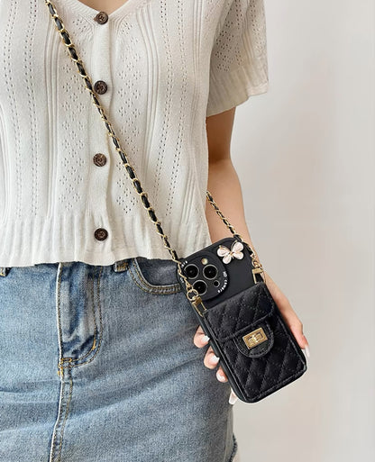 シャネル風の蝶デザインの小銭・カード入れ付きスマホケース（Chanel - style butterfly - designed coin and card wallet phone case）（SJK043））