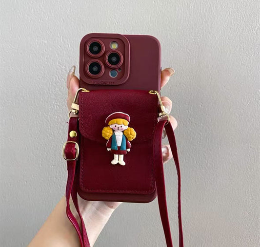 ポップコーンの少女が描かれたワインレッドのスマホケース (Wine - red phone case featuring popcorn girls)(SJK030)