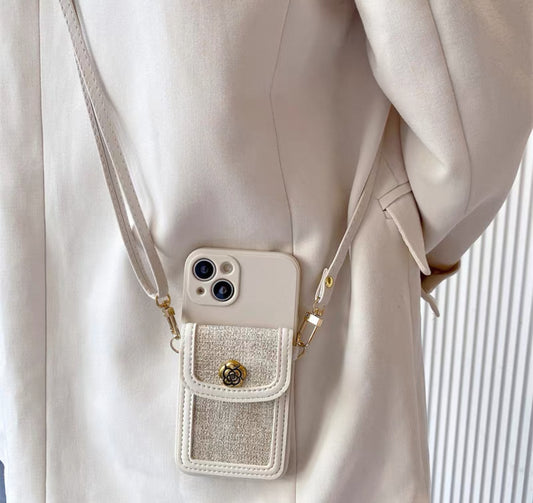 白系の軽ロゴ山茶花財布付きスマホケース（White luxurious camellia wallet phone case）（SJK042）