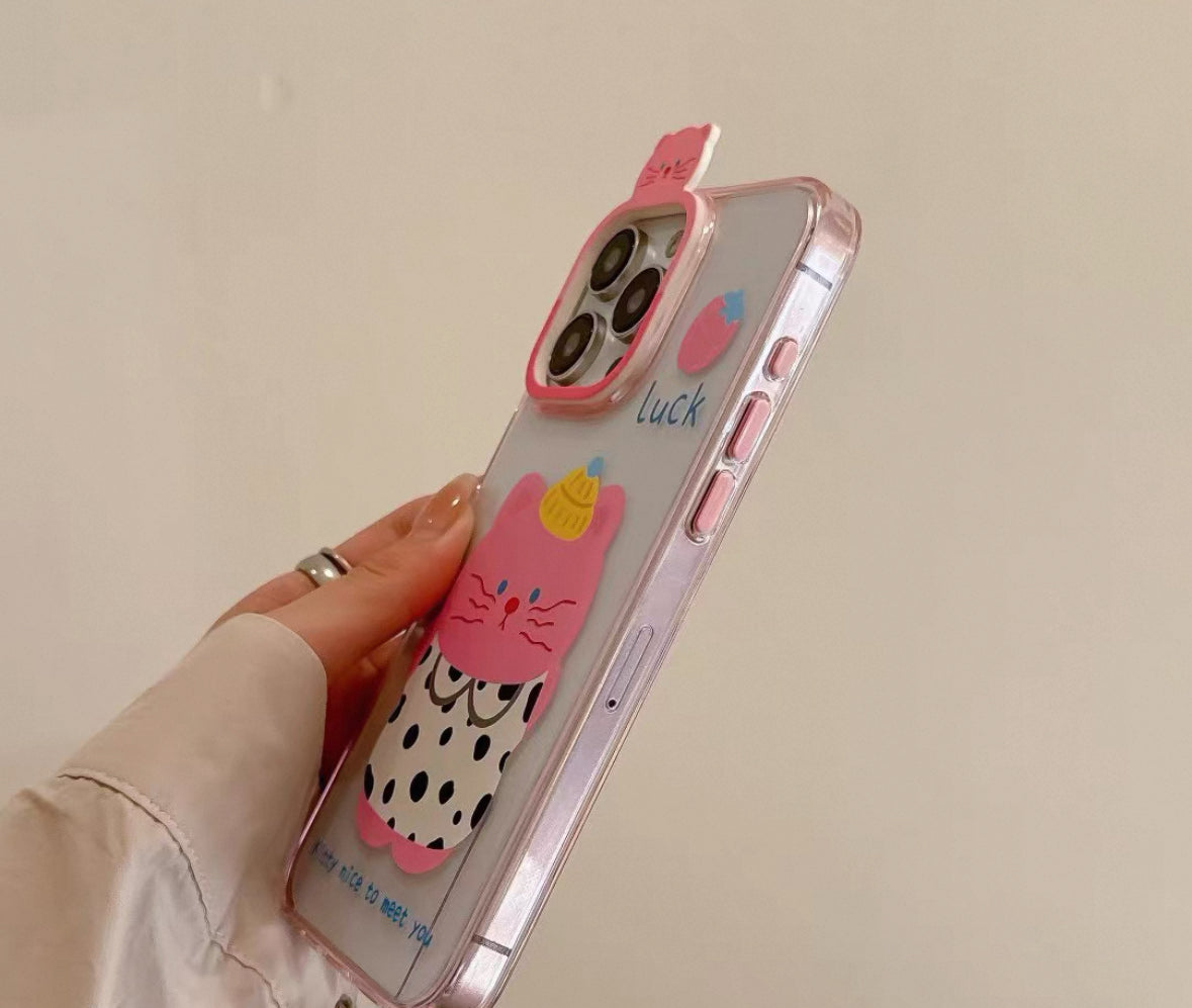カートゥーン風の可愛い猫デザインの透明スマホケース （Cartoon - style cute cat - designed transparent phone case）（SJK078）
