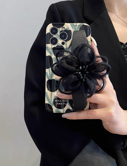 高級感溢れる黒色チューリップ柄の腕輪付きスマホケース (High - end black tulip - patterned phone case with a wrist strap)(SJK023)