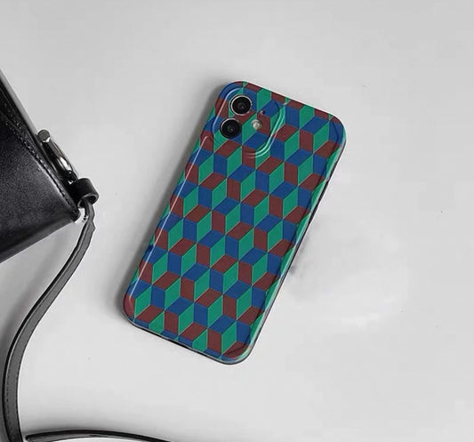 孔雀青のハート菱模様のスマホケース (Peacock blue phone case with heart - shaped diamond patterns)(SJK024)