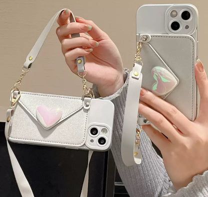 シルバー レーザー ハート形のウリスバンド付きスマホケース（Silver laser heart-shaped wristband phone case）（SJK052）