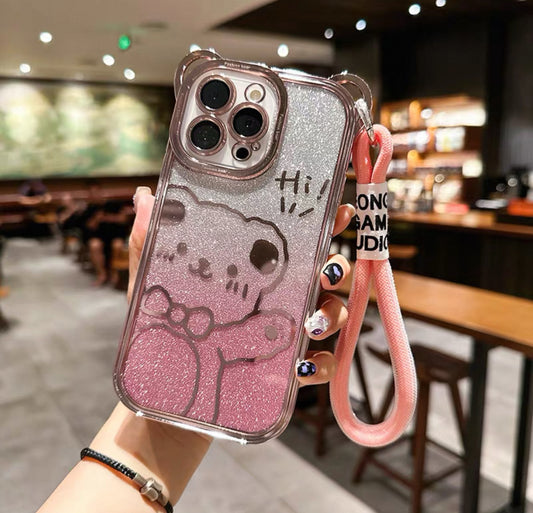ピンクの熊柄で、キラキラダイヤモンドダストが施されたスマホケース（Pink teddy - bear - themed phone case with glitter）（SJK031））