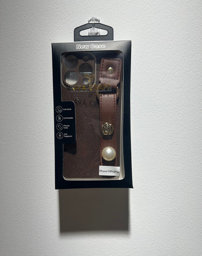 メランジェ色の革製山茶花ブレスレット付きスマホケース (Merlot - toned leather camellia wrist - strap phone case)(SJK039)