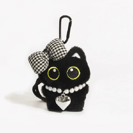 大きな目黒猫チャーム（チェック）Big black cat charm (check)
