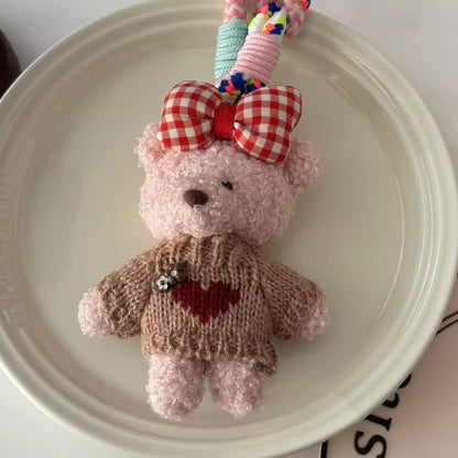 ハートのリボンクマのロープのぬいぐるみのストラップですHeart-shaped bow-shaped bear long rope plush pendant