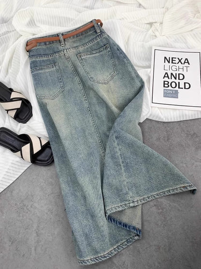 ハイウエストでほっそり見えるゆったりデニムスカートHigh-waisted Slimming Loose Denim Skirt