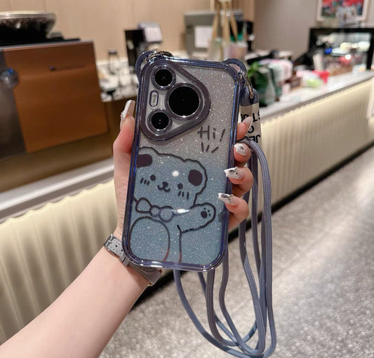 クマのデザインで金メッキとダイヤモンドダストが施されたスマホケース (Teddy bear - themed phone case with gold - plated accents and glitte)(SJK029)r